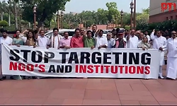 Opposition MPs stage protest in Parliament complex against FCRA amendment bill