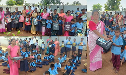 Gruha Lakshmi beneficiaries donate school bags to government school students