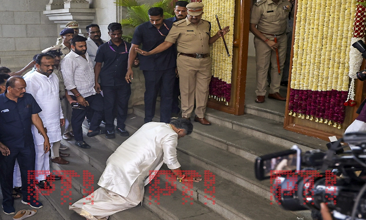 CM Shivakumar bows, touches steps of Vidhana Soudha in reverence