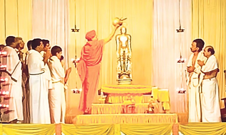 Rare Mahamastakabhisheka held for silver Bahubali idol at Thousand Pillars Basadi