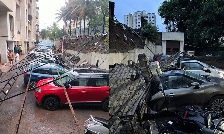ಪುಣೆಯಲ್ಲಿ ವರುಣನ ಆರ್ಭಟ: ವಸತಿ ಸಂಕೀರ್ಣದ ಕಾಂಪೌಂಡ್ ಗೋಡೆ ಕುಸಿದು 14 ವಾಹನಗಳು ಜಖಂ!