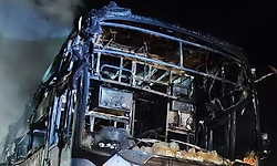 Private bus catches fire after hitting electric pole near Nelamangala, 40 passengers escape unharmed