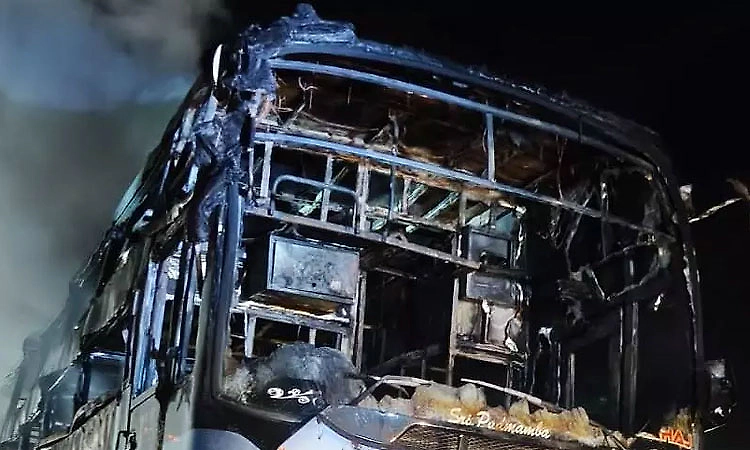Private bus catches fire after hitting electric pole near Nelamangala, 40 passengers escape unharmed