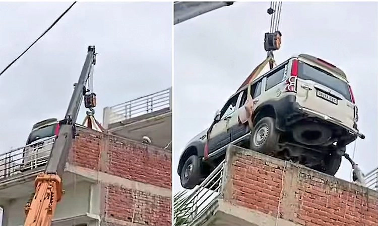 ಕಳ್ಳರ ಭಯಕ್ಕೆ 2ನೇ ಮಹಡಿಯ ಛಾವಣಿ ಮೇಲೆಯೇ ಸ್ಕಾರ್ಪಿಯೋ ಕಾರು ಪಾರ್ಕ್ ಮಾಡಿದ ವ್ಯಕ್ತಿ!