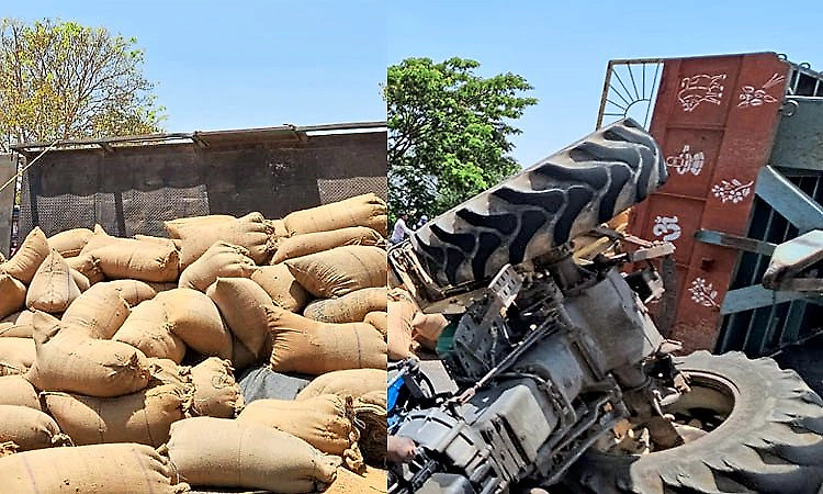 Tractor carrying paddy sacks overturns in Gangavathi; driver seriously injured, traffic hit