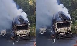 Madikeri: Lorry carrying fly ash catches fire near Devarakolli