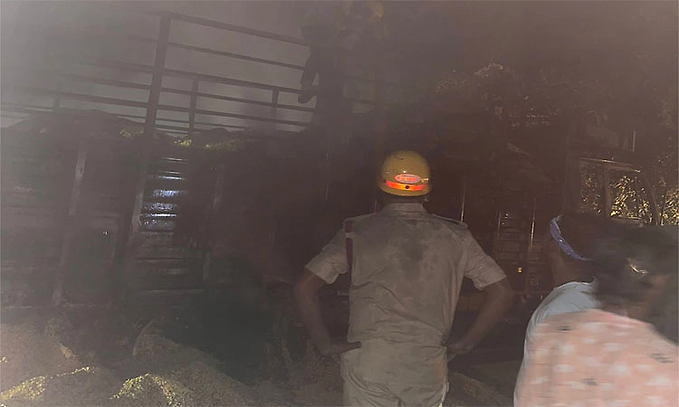 Lorry catches fire at Charmadi Ghat; three escape unhurt