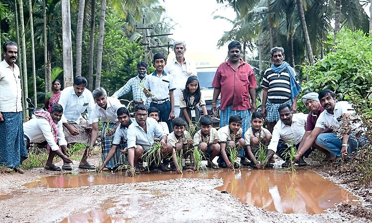 ಕೆಸರು ಗದ್ದೆಯಾದ ರಸ್ತೆ; ಭತ್ತದ ನಾಟಿ ಮಾಡಿ ಗ್ರಾಮಸ್ಥರ ಆಕ್ರೋಶ