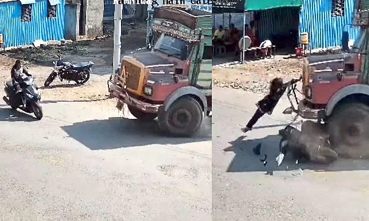 ವೇಗವಾಗಿ ಬಂದು ಸ್ಕೂಟಿಗೆ ಡಿಕ್ಕಿ ಹೊಡೆದ ಲಾರಿ... ಬಂಪರ್ ಹಿಡಿದು ಪ್ರಾಣ ಉಳಿಸಿಕೊಂಡ ಯುವತಿ!