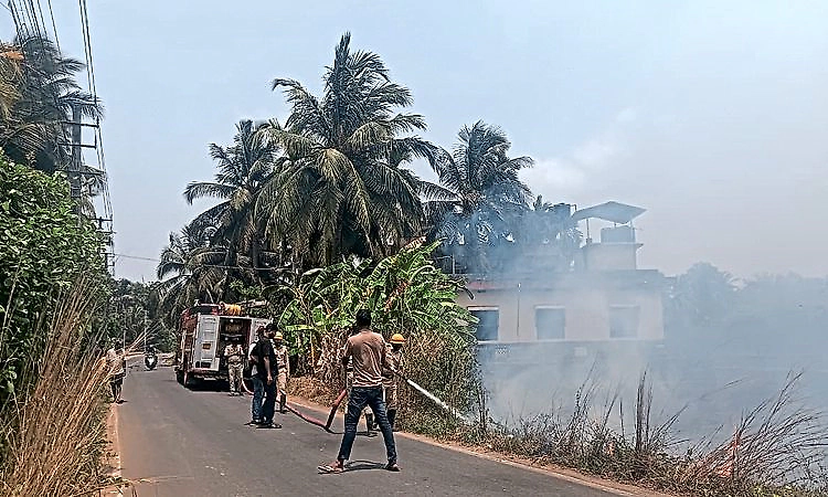 Fire accident in open field area at Pithrody near Katapady