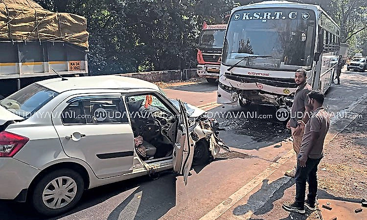 Three killed in KSRTC Rajahamsa bus and car collision near Gundya