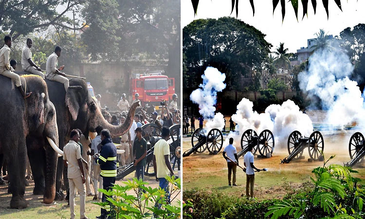 ಮೈಸೂರು: ದಸರಾ ಗಜಪಡೆಗೆ 3ನೇ ಫಿರಂಗಿ ತಾಲೀಮು ಯಶಸ್ವಿ