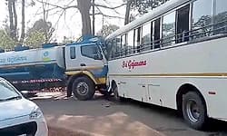 Private bus, petrol tanker collide near Ripponpete in Shivamogga district