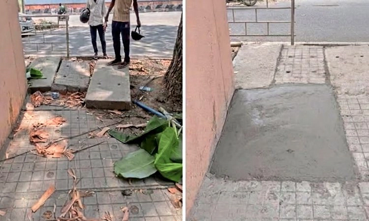 ದೂರು ನೀಡಿದರೂ ಸಿಗದ ಸ್ಪಂದನೆ: ಸ್ವಂತ ವೆಚ್ಚದಲ್ಲೇ ಫುಟ್‌ಪಾತ್ ದುರಸ್ತಿಗೊಳಿಸಿದ ಉದ್ಯಮಿ!
