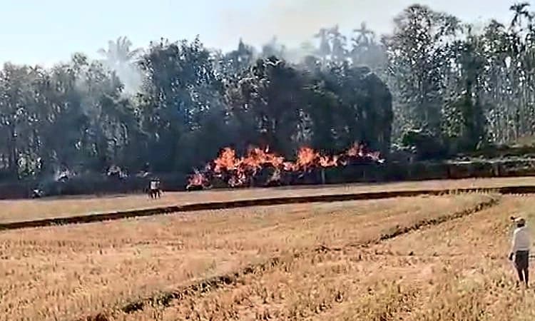 Shimoga: ಟ್ರ್ಯಾಕ್ಟರ್‌ಗೆ ತಗುಲಿದ ವಿದ್ಯುತ್ ತಂತಿ: ಭತ್ತದ ಹೊರೆ ಸುಟ್ಟು ಭಸ್ಮ