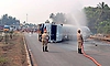 Gas tanker overturns on NH-66 near Katapadi; traffic affected amid leak scare
