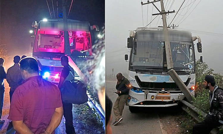 ಎದುರಿಗೆ ಬಂದ ವಾಹನಕ್ಕೆ ಸೈಡ್ ಕೊಡಲು ಹೋಗಿ ಲೈಟ್ ಕಂಬಕ್ಕೆ ಢಿಕ್ಕಿ ಹೊಡೆದ ಬಸ್