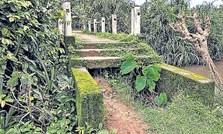 Keradi: ಮೆಟ್ಟಿಲಿಲ್ಲದ ಕೆಳದೀಟಿ ಸೇತುವೆ, ಸುರಕ್ಷಾ ಕಂಬ ಕಣ್ಮರೆ