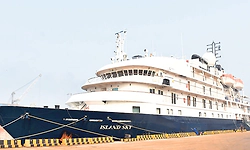 Luxury cruise ship MS Island Sky arrives at New Mangalore Port
