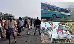 ಭೀಕರ ಅಪಘಾತ: ಕಾರು ಚಾಲಕ ಸ್ಥಳದಲ್ಲೇ ಮೃತ್ಯು: ಬಸ್ ನಲ್ಲಿದ್ದ ಪ್ರಯಾಣಿಕರಿಗೆ ಗಾಯ