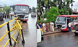 ರಸ್ತೆ ಬಿಟ್ಟು, ಡಿವೈಡರ್ ಮೇಲೆರಿದ ಕೆ.ಎಸ್.ಆರ್. ಟಿ.ಸಿ. ಬಸ್ಸು
