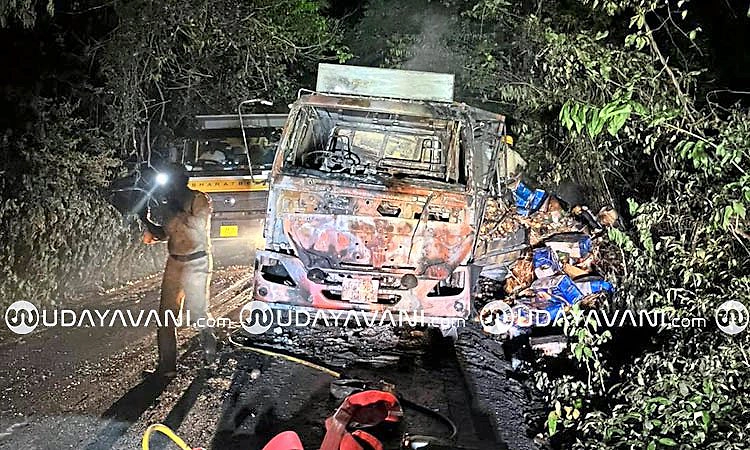 Karkala: ಕುದುರೆಮುಖ- ಮಾಳ ಘಾಟಿಯಲ್ಲಿ ಸೇಬು ಸಾಗಿಸುತ್ತಿದ್ದ ಲಾರಿ ಬೆಂಕಿಗಾಹುತಿ