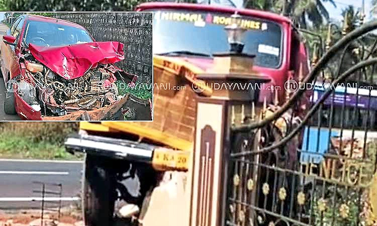 Tipper hits car and crashes into compound wall at Shirva, passengers escape unhurt