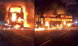 ಶಿವಮೊಗ್ಗ: ಚಲಿಸುತ್ತಿದ್ದ ಖಾಸಗಿ ಬಸ್‌ ಬೆಂಕಿಗಾಹುತಿ; ಹಲವರಿಗೆ ಗಾಯ