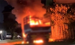 Tarikere: Canter vehicle catches fire, firefighter injured while dousing flames