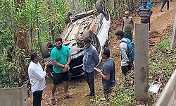 Tourist car falls into gorge in Chikkamagaluru, passengers escape narrowly