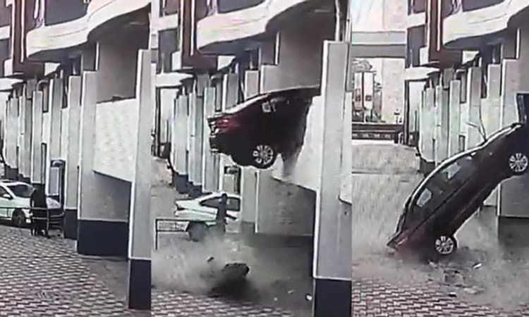 Video: ರಿವರ್ಸ್ ತೆಗೆಯುವ ವೇಳೆ ಅವಾಂತರ&#8230;  ಕಟ್ಟಡದ ಮೊದಲ ಮಹಡಿಯಿಂದ ಕೆಳಗೆ ಬಿದ್ದ ಕಾರು