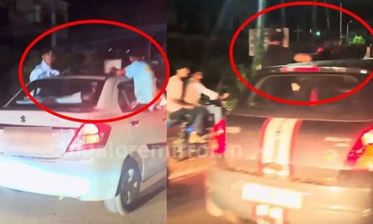 ಚಲಿಸುತ್ತಿದ್ದ ಕಾರಿನ ಬಾಗಿಲು, ಮೇಲ್ಭಾಗದಲ್ಲಿ ಕುಳಿತು ಯುವಕರ ಹುಚ್ಚಾಟ