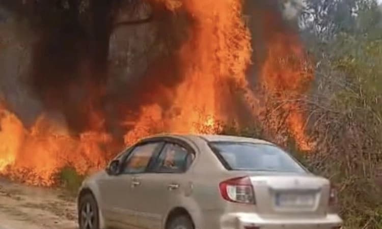 Koratagere: ಸಿದ್ದರಬೆಟ್ಟದಲ್ಲಿ ಕಾಡ್ಗಿಚ್ಚು; ಪ್ರವಾಸಿಗರ ಕಾರಿಗೆ ಹಾನಿ