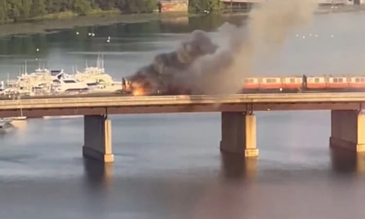 VIDEO: ಸೇತುವೆ ಮೇಲೆ ಸಾಗುತ್ತಿದ್ದ ರೈಲಿನಲ್ಲಿ ಬೆಂಕಿ; ಕಿಟಕಿ ಮೂಲಕ ಜಿಗಿದ ಪ್ರಯಾಣಿಕರು