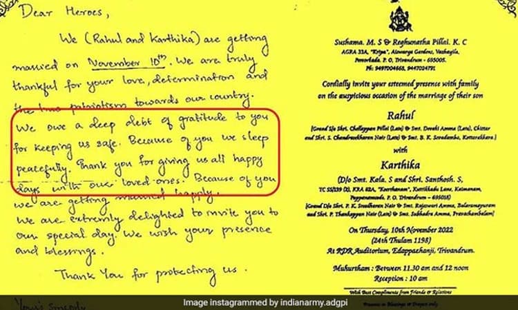 “ಮದುವೆಗೆ ನೀವು ಬನ್ನಿ..ಯೋಧರಿಗೆ ಮದುವೆ ಆಮಂತ್ರಣ ನೀಡಿದ ಜೋಡಿ; ಆರ್ಮಿಯಿಂದ ಬಂದ ಪ್ರತಿಕ್ರಿಯೆ ನೋಡಿ