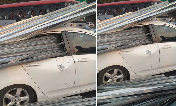 ಕಾರಿನೊಳಗೆ ಹೊಕ್ಕಿದ ಅಲ್ಯುಮಿನಿಯಂ ಪಟ್ಟಿಗಳು: ಚಾಲಕ ಪವಾಡ ಸದೃಶ ಪಾರು