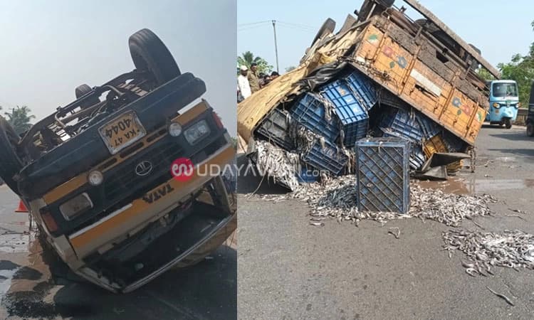 ಉಳ್ಳಾಲ: ಚಾಲಕನ ನಿಯಂತ್ರಣ ತಪ್ಪಿ ಮೀನು ಸಾಗಾಟದ ಲಾರಿ ಪಲ್ಟಿ