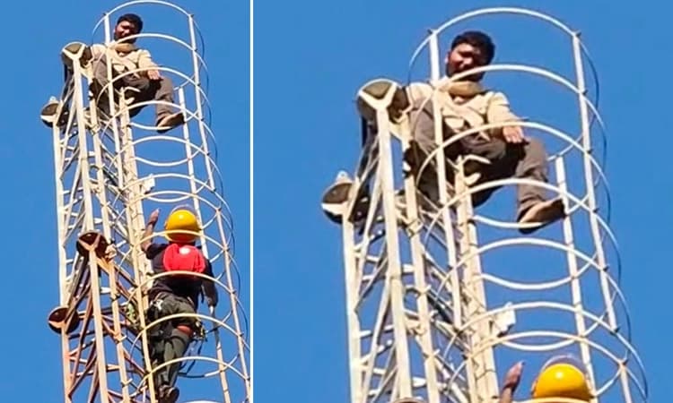 ಮೊಬೈಲ್ ಟವರ್ ಏರಿ ವ್ಯಕ್ತಿಯ ರದ್ದಾಂತ: ಕೆಳಗಿಳಿಸಲು ಅಗ್ನಿ ಶಾಮಕ ಸಿಬ್ಬಂದಿ ಸುಸ್ತೋ ಸುಸ್ತು