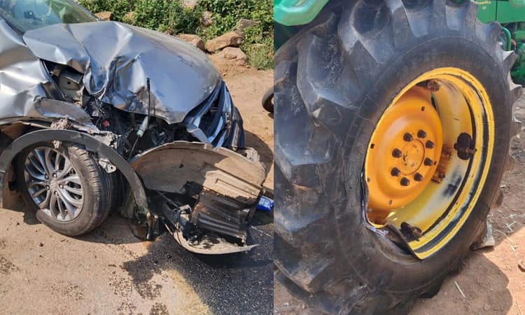 ಟ್ರಾಕ್ಟರ್-ಕಾರು ಮಧ್ಯೆ ಭೀಕರ ಅಪಘಾತ: ಟ್ರಾಕ್ಟರ್ ಚಾಲಕನಿಗೆ ಗಂಭೀರ ಗಾಯ
