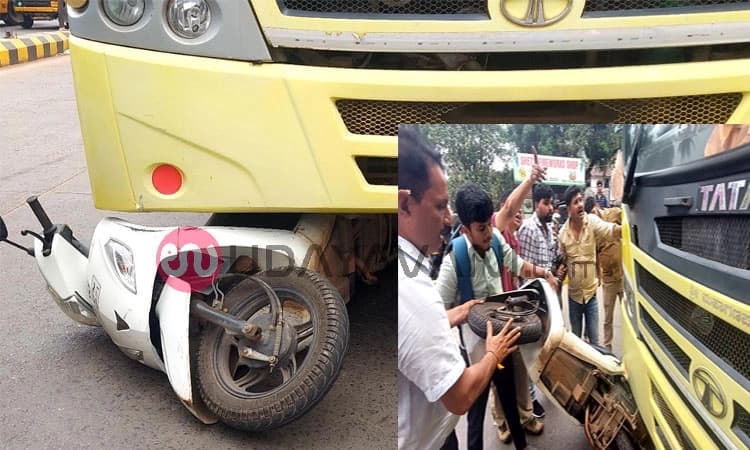 ಮಂಗಳೂರು: ಸ್ಕೂಟರ್ ಗೆ ಶಾಲಾ ಬಸ್ ಢಿಕ್ಕಿ: ಸ್ಕೂಟರ್‌ ಸವಾರರು ಪವಾಡ ಸದೃಶ ಪಾರು