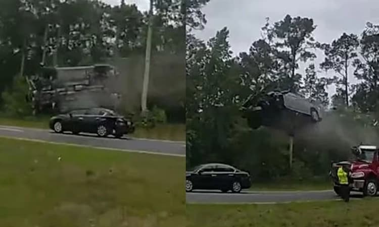 Georgia ಟ್ರಕ್ ರಾಂಪ್ ಗೆ ಗುದ್ದಿ 120 ಅಡಿ ಗಾಳಿಯಲ್ಲಿ ಹಾರಿದ ಕಾರು;ವಿಡಿಯೋ