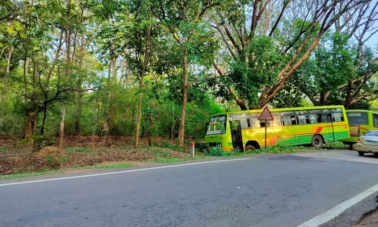 ದಾಂಡೇಲಿ: ಹೆದ್ದಾರಿಯಲ್ಲಿ ಚಾಲಕನ ನಿಯಂತ್ರಣ ತಪ್ಪಿ ರಸ್ತೆ ಪಕ್ಕದ ಹೊಂಡಕ್ಕಿಳಿದ ಬಸ್