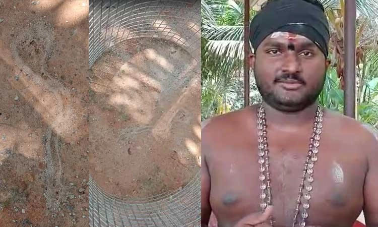 ಹೆಬ್ರಿ: ಶಿವಪುರ ಕೊರಗಜ್ಜನ ಕ್ಷೇತ್ರದಲ್ಲಿ ನೆಲದಲ್ಲಿ ಮೂಡಿಬರುತ್ತಿರುವ ನಾಗರ ಹಾವಿನ  ಚಿತ್ರ