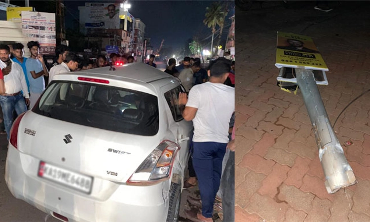 ದೇರಳಕಟ್ಟೆ: ಡಿವೈಡರ್ ಏರಿ ಬೈಕ್ ಗೆ ಗುದ್ದಿದ ಕಾರು; ಮೂರು ದಾರಿದೀಪಗಳಿಗೂ ಹಾನಿ