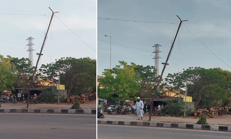 ಕುಷ್ಟಗಿ ಪಟ್ಟಣದ ಮುಖ್ಯ ರಸ್ತೆಯಲ್ಲಿ ಅಪಾಯವನ್ನು ಆಹ್ವಾನಿಸುತ್ತಿದೆ ವಿದ್ಯುತ್ ಕಂಬ