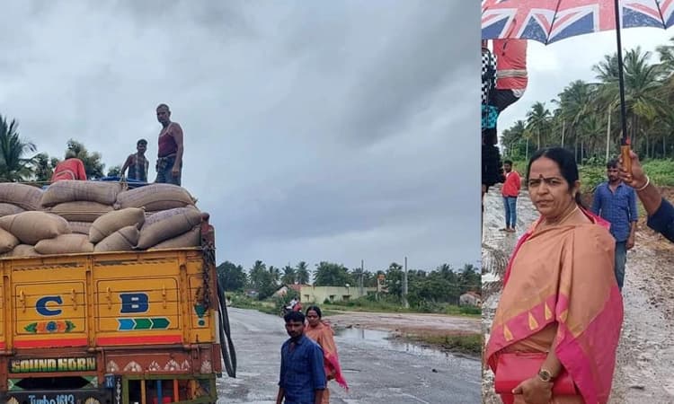 ಮಳೆ ಬರುತ್ತಿದ್ದರೂ ಟಾರ್ಪಲ್ ಬಳಸದೆ ಪಡಿತರ ಅಕ್ಕಿ ಸಾಗಾಟ !