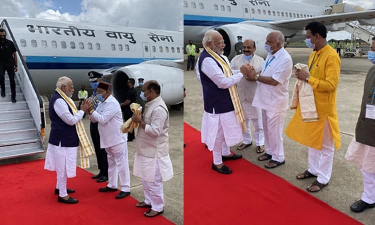 ವಿಶೇಷ ವಿಮಾನದಲ್ಲಿ ಆಗಮಿಸಿದ ಪ್ರಧಾನಿ ; ರಾಜ್ಯಪಾಲ, ಸಿಎಂ ಸೇರಿ ಗಣ್ಯರಿಂದ ಸ್ವಾಗತ