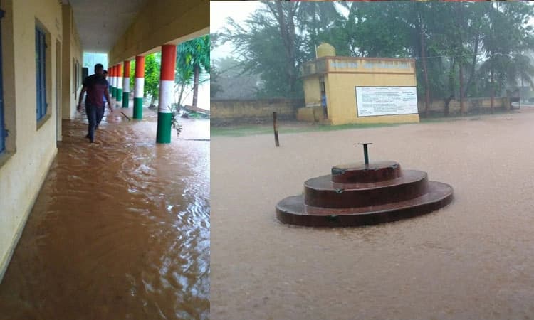 ಮುಂದುವರೆದ ಮಳೆ: ಶಾಲಾ ಆವರಣಕ್ಕೆ ನುಗ್ಗಿದ ನೀರು, ಮರದ ಕೆಳಗೆ ಪಾಠ