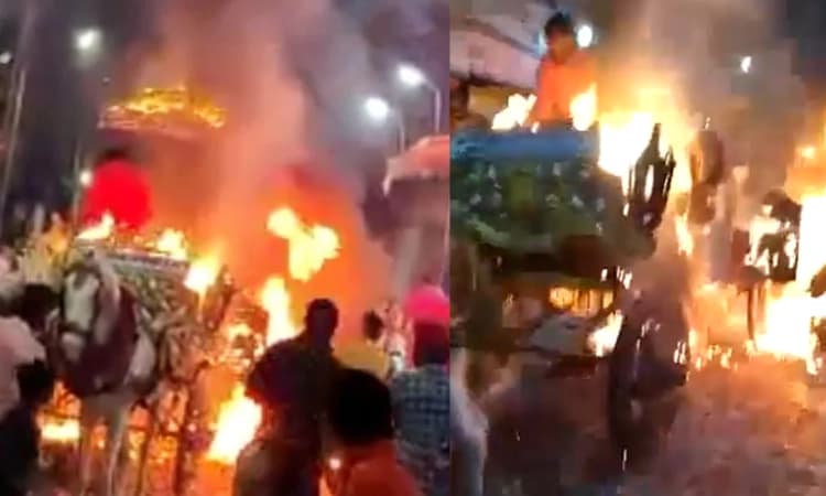 ಮದುವೆ ಮೆರವಣಿಗೆಯಲ್ಲಿ ಕುದುರೆ ಗಾಡಿಗೆ ಬೆಂಕಿ : ಸ್ವಲ್ಪದರಲ್ಲೇ ಪಾರಾದ ಮದುಮಗ