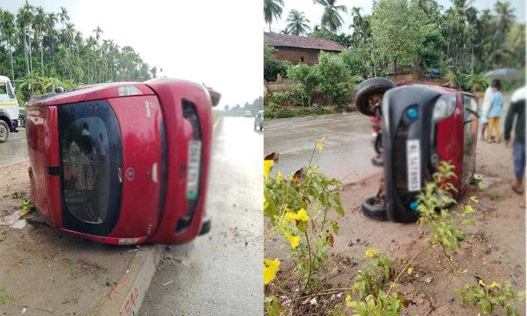 Bantwal ವರ್ಷದ ಮೊದಲ ಮಳೆ; ಕುದ್ರೆಬೆಟ್ಟು ಹೆದ್ದಾರಿಯಲ್ಲಿ ಕಾರು ಪಲ್ಟಿ